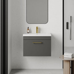 [BFRI077A68] Rio 1 Drawer Wall Hung Vanity Basin Unit - 600mm - Gloss Grey with Brushed Brass D-shaped handle (Tap Not Included) - Lifestyle 1