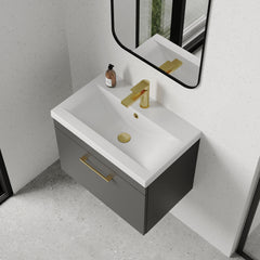 [BFRI077A68] Rio 1 Drawer Wall Hung Vanity Basin Unit - 600mm - Gloss Grey with Brushed Brass D-shaped handle (Tap Not Included) - Lifestyle 2