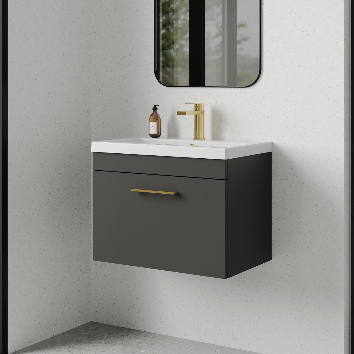 [BFRI077A68] Millwich 1 Drawer Wall Hung Vanity Basin Unit with Brushed Brass Handle, Choice of Size and Colour