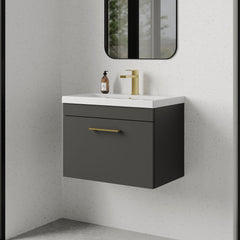 [BFRI077A68] Millwich 1 Drawer Wall Hung Vanity Basin Unit with Brushed Brass Handle, Choice of Size and Colour