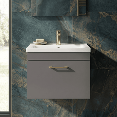 [BFRI077A68] Millwich 1 Drawer Wall Hung Vanity Basin Unit with Brushed Brass Handle, Choice of Size and Colour - Silo