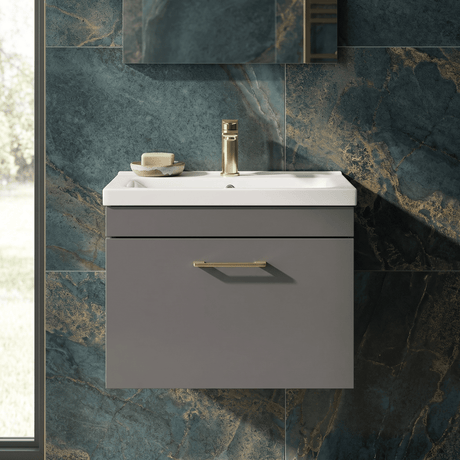 [BFRI077A68] Millwich 1 Drawer Wall Hung Vanity Basin Unit with Brushed Brass Handle, Choice of Size and Colour - Silo