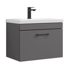 [BFRI077A69] Rio 1 Drawer Wall Hung Vanity Basin Unit - 600mm - Gloss Grey with Square Black D-shaped handle (Tap Not Included) - Balterley - Cutout