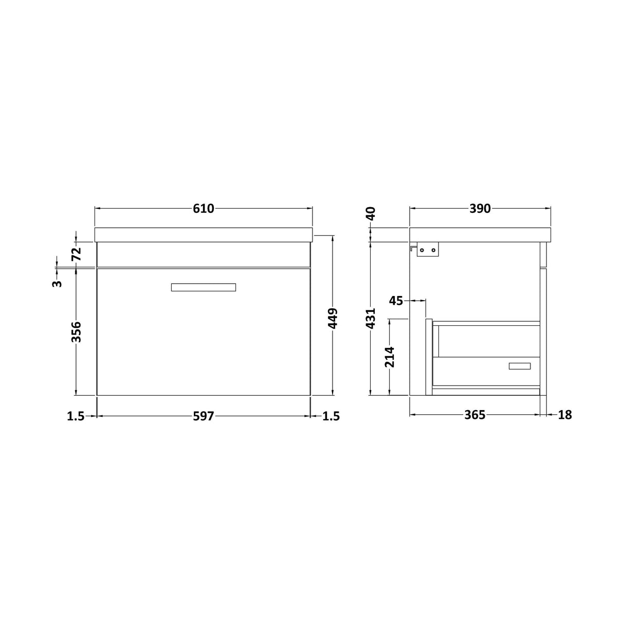 [BFRI077A69] Rio 1 Drawer Wall Hung Vanity Basin Unit - 600mm - Gloss Grey with Square Black D-shaped handle (Tap Not Included) - Balterley - Technical Drawing
