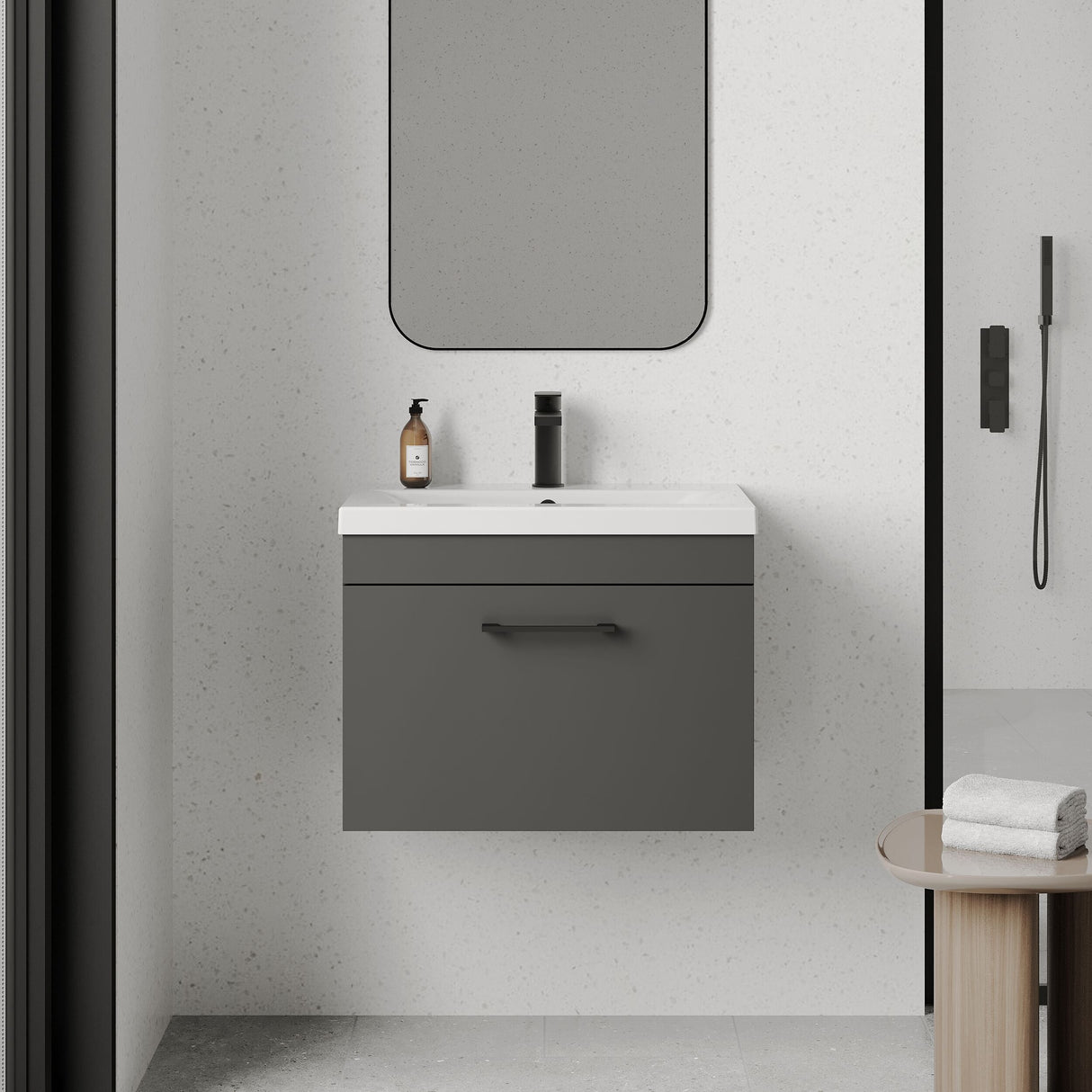 [BFRI077A69] Millwich 1 Drawer Wall Hung Vanity Basin Unit with Black Handle, Choice of Size and Colour