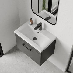 [BFRI077A69] Rio 1 Drawer Wall Hung Vanity Basin Unit - 600mm - Gloss Grey with Square Black D-shaped handle (Tap Not Included) - Balterley - Lifestyle 2