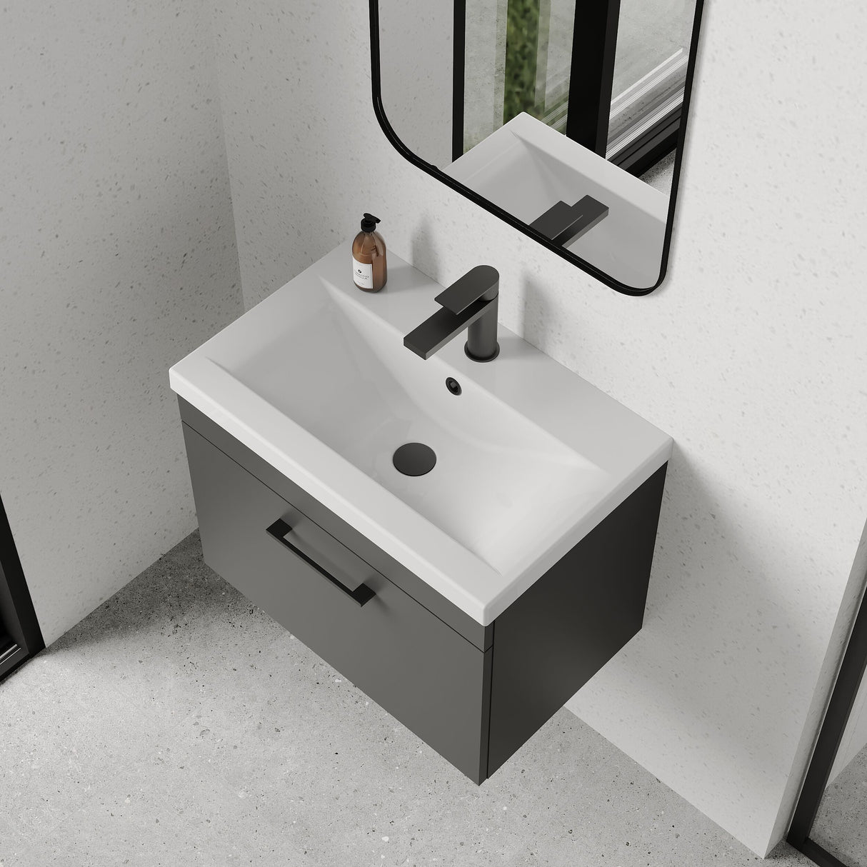 [BFRI077A69] Millwich 1 Drawer Wall Hung Vanity Basin Unit with Black Handle, Choice of Size and Colour