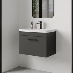 [BFRI077A69] Rio 1 Drawer Wall Hung Vanity Basin Unit - 600mm - Gloss Grey with Square Black D-shaped handle (Tap Not Included) - Balterley - Lifestyle 3