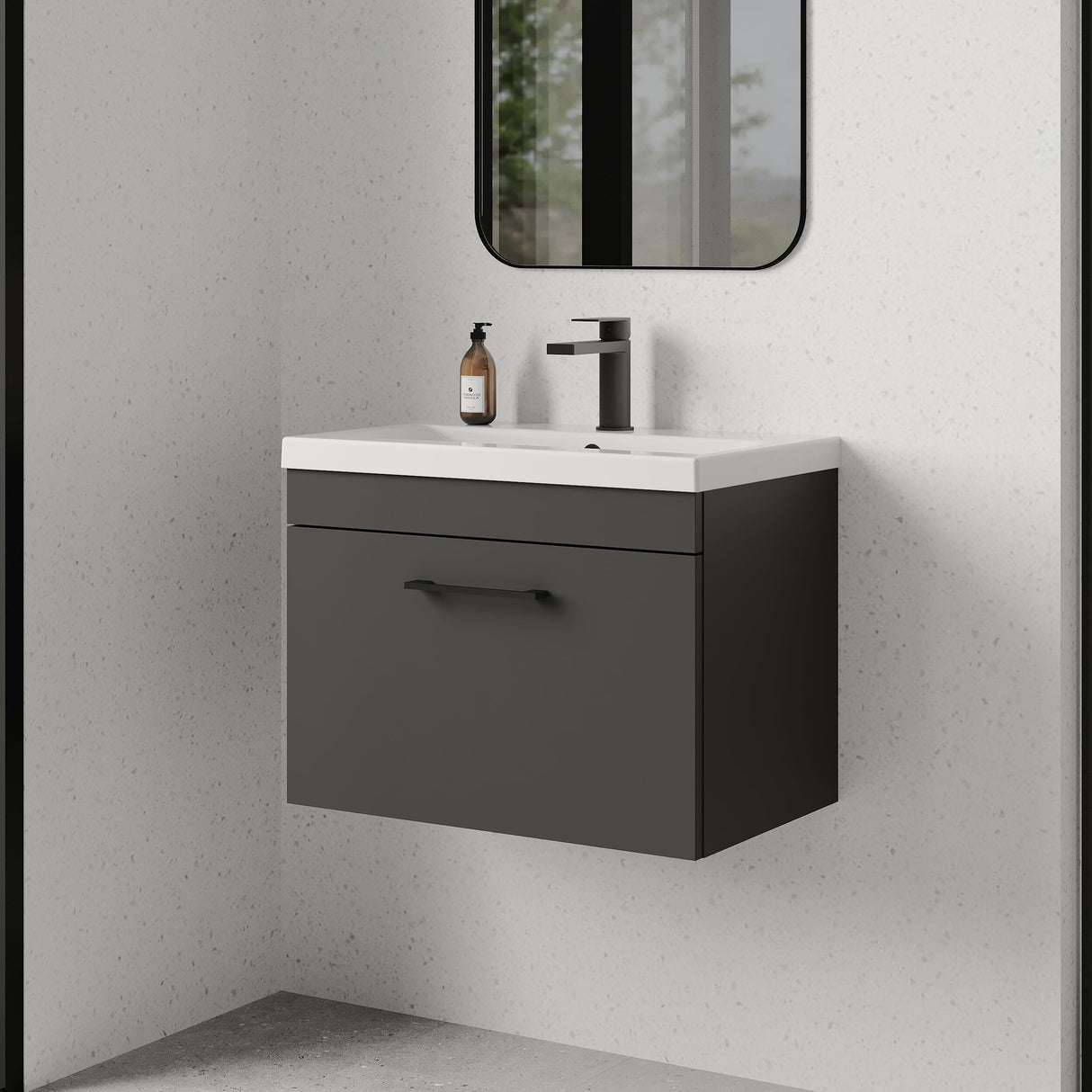 [BFRI077A69] Millwich 1 Drawer Wall Hung Vanity Basin Unit with Black Handle, Choice of Size and Colour