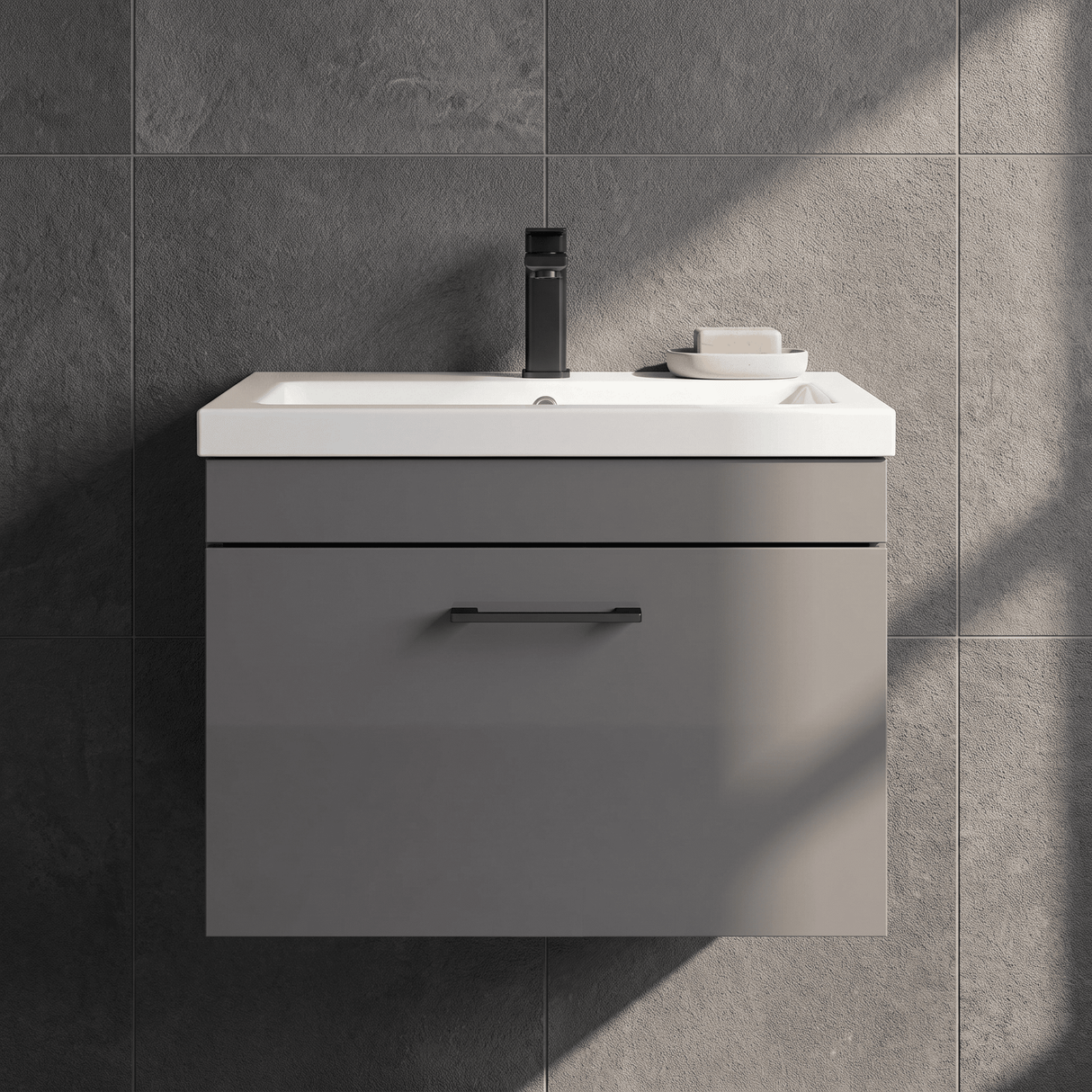 [BFRI077A69] Millwich 1 Drawer Wall Hung Vanity Basin Unit with Black Handle, Choice of Size and Colour - Silo
