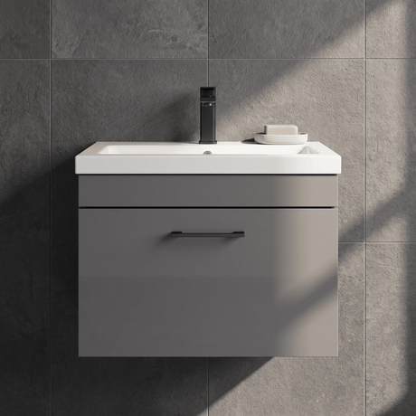 [BFRI077A69] Millwich 1 Drawer Wall Hung Vanity Basin Unit with Black Handle, Choice of Size and Colour - Silo