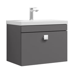 [BFRI077A7] Rio 1 Drawer Wall Hung Vanity Basin Unit - 600mm - Gloss Grey with Chrome Square Handle (Tap Not Included) - Cutout