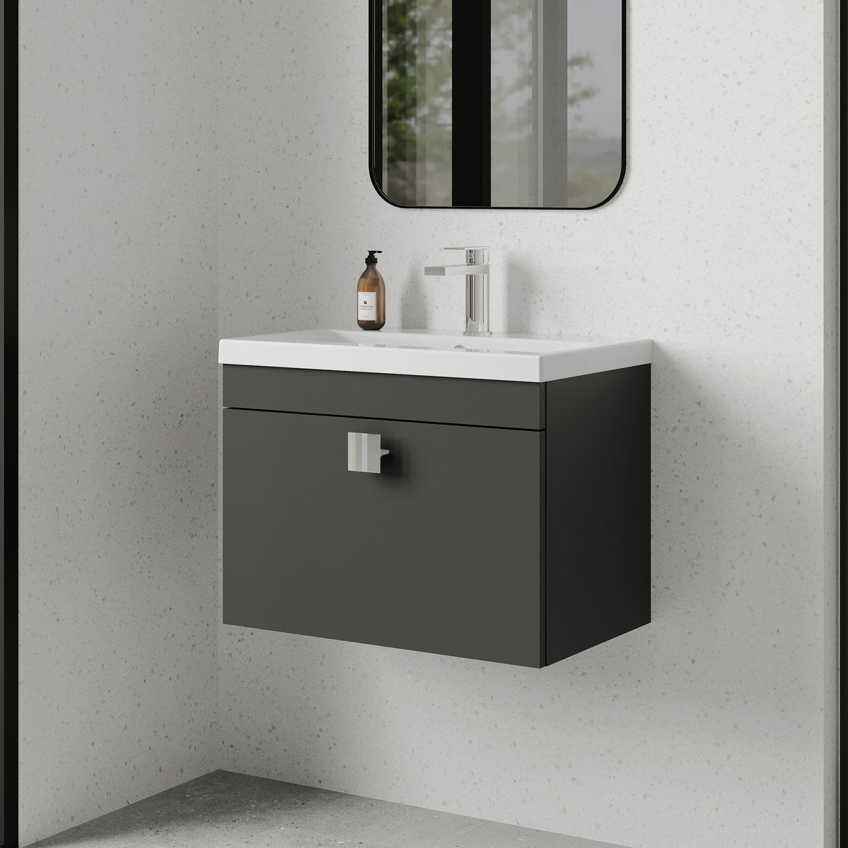 [BFRI077A7] Rio 1 Drawer Wall Hung Vanity Basin Unit - 600mm - Gloss Grey with Chrome Square Handle (Tap Not Included) - Lifestyle 3