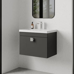 [BFRI077A7] Rio 1 Drawer Wall Hung Vanity Basin Unit - 600mm - Gloss Grey with Chrome Square Handle (Tap Not Included) - Lifestyle 3