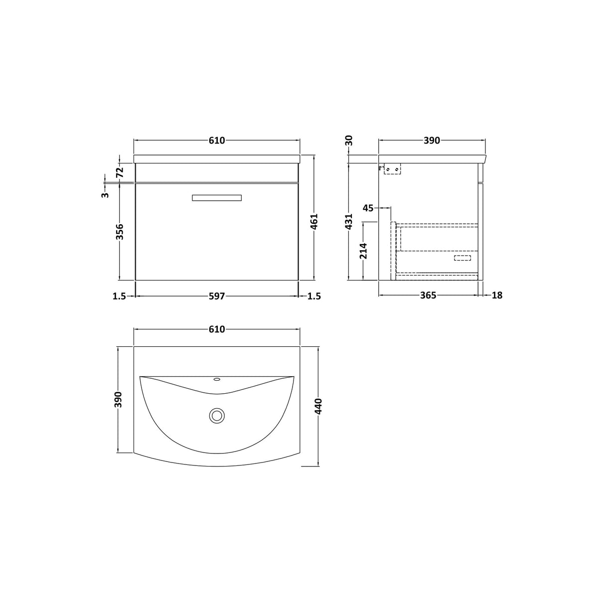 [BFRI077G] Millwich Contemporary 1 Drawer Wall Hung Vanity Unit with Curved Basin - Choice of Size and Colour - Technical Drawing