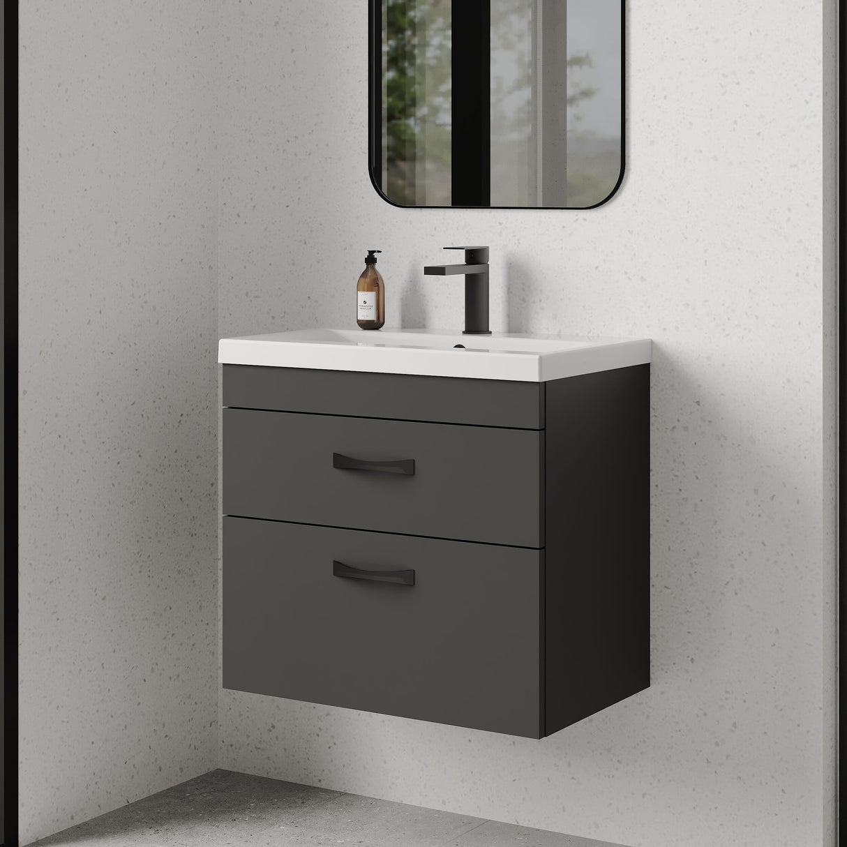 [BFRI078A17] Rio 2 Drawer Wall Hung Vanity Basin Unit - 600mm - Gloss Grey with Black D-shaped handles (Tap Not Included) - Balterley - Lifestyle 3