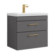 [BFRI078A68] Rio 2 Drawer Wall Hung Vanity Basin Unit - 600mm - Gloss Grey with Brushed Brass D-shaped handles (Tap Not Included) - Cutout
