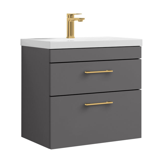 [BFRI078A68] Rio 2 Drawer Wall Hung Vanity Basin Unit - 600mm - Gloss Grey with Brushed Brass D-shaped handles (Tap Not Included) - Cutout