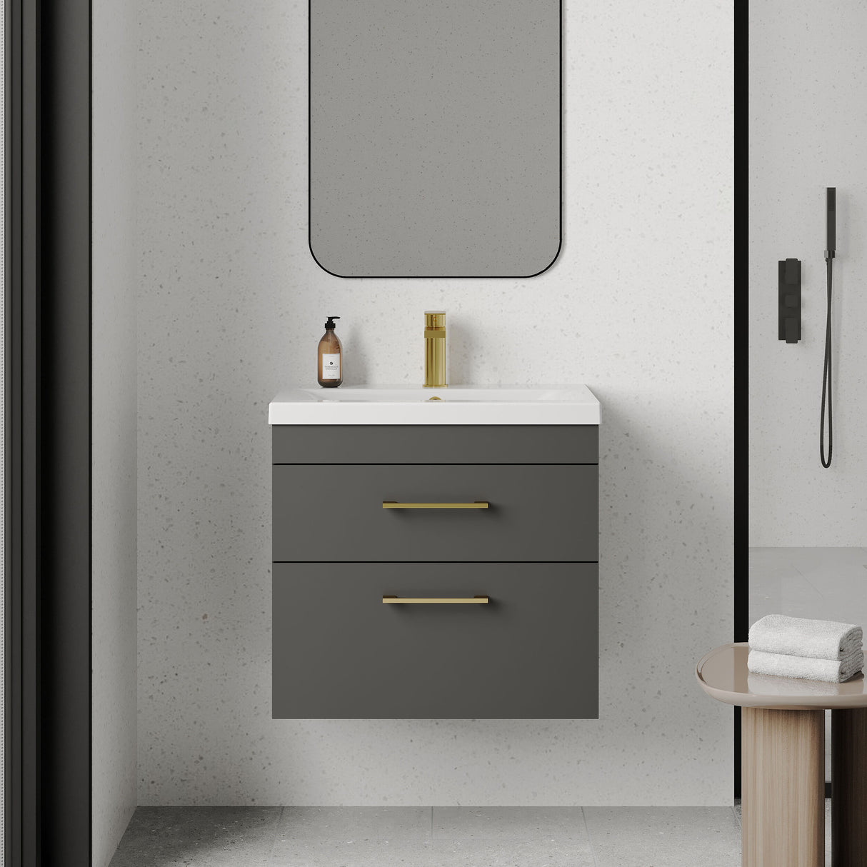 [BFRI078A68] Rio 2 Drawer Wall Hung Vanity Basin Unit - 600mm - Gloss Grey with Brushed Brass D-shaped handles (Tap Not Included) - Lifestyle 1