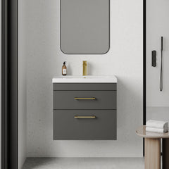 [BFRI078A68] Rio 2 Drawer Wall Hung Vanity Basin Unit - 600mm - Gloss Grey with Brushed Brass D-shaped handles (Tap Not Included) - Lifestyle 1