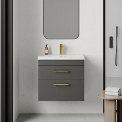 [BFRI078A68] Millwich 2 Drawer Wall Hung Vanity Basin Unit with Brushed Brass Handle, Choice of Size and Colour
