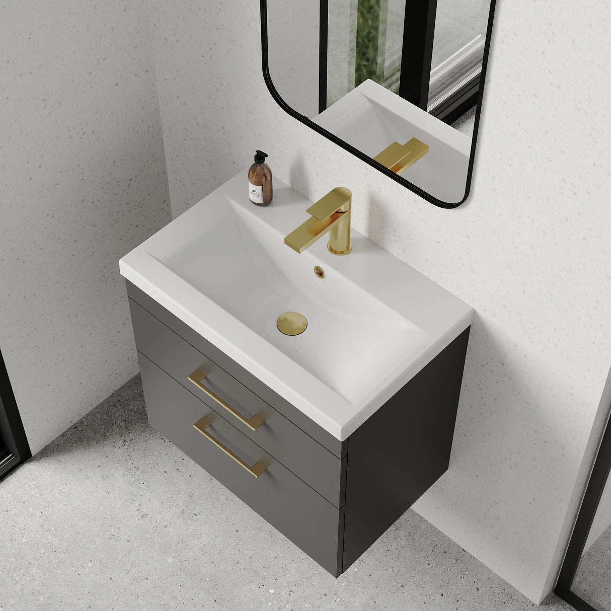 [BFRI078A68] Rio 2 Drawer Wall Hung Vanity Basin Unit - 600mm - Gloss Grey with Brushed Brass D-shaped handles (Tap Not Included) - Lifestyle 2