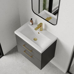 [BFRI078A68] Rio 2 Drawer Wall Hung Vanity Basin Unit - 600mm - Gloss Grey with Brushed Brass D-shaped handles (Tap Not Included) - Lifestyle 2