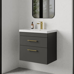 [BFRI078A68] Rio 2 Drawer Wall Hung Vanity Basin Unit - 600mm - Gloss Grey with Brushed Brass D-shaped handles (Tap Not Included) - Lifestyle 3
