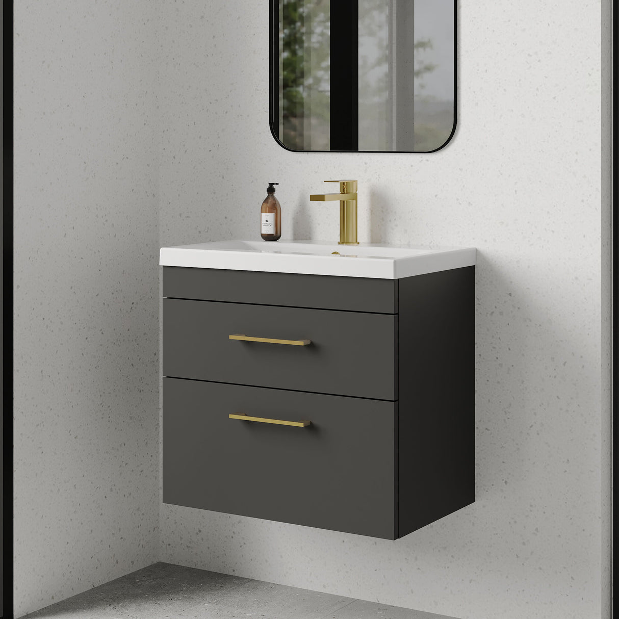 [BFRI078A68] Millwich 2 Drawer Wall Hung Vanity Basin Unit with Brushed Brass Handle, Choice of Size and Colour