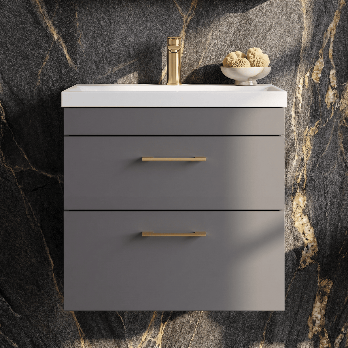 [BFRI078A68] Millwich 2 Drawer Wall Hung Vanity Basin Unit with Brushed Brass Handle, Choice of Size and Colour - Silo
