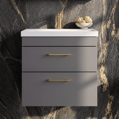 [BFRI078A68] Millwich 2 Drawer Wall Hung Vanity Basin Unit with Brushed Brass Handle, Choice of Size and Colour - Silo