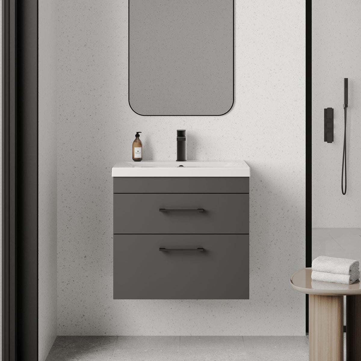[BFRI078A69] Millwich 2 Drawer Wall Hung Vanity Basin Unit with Black Handle, Choice of Size and Colour - Lifestyle 1