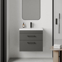 [BFRI078A69] Rio 2 Drawer Wall Hung Vanity Basin Unit - 600mm - Gloss Grey with Square Black D-shaped handles (Tap Not Included) - Balterley - Lifestyle 1