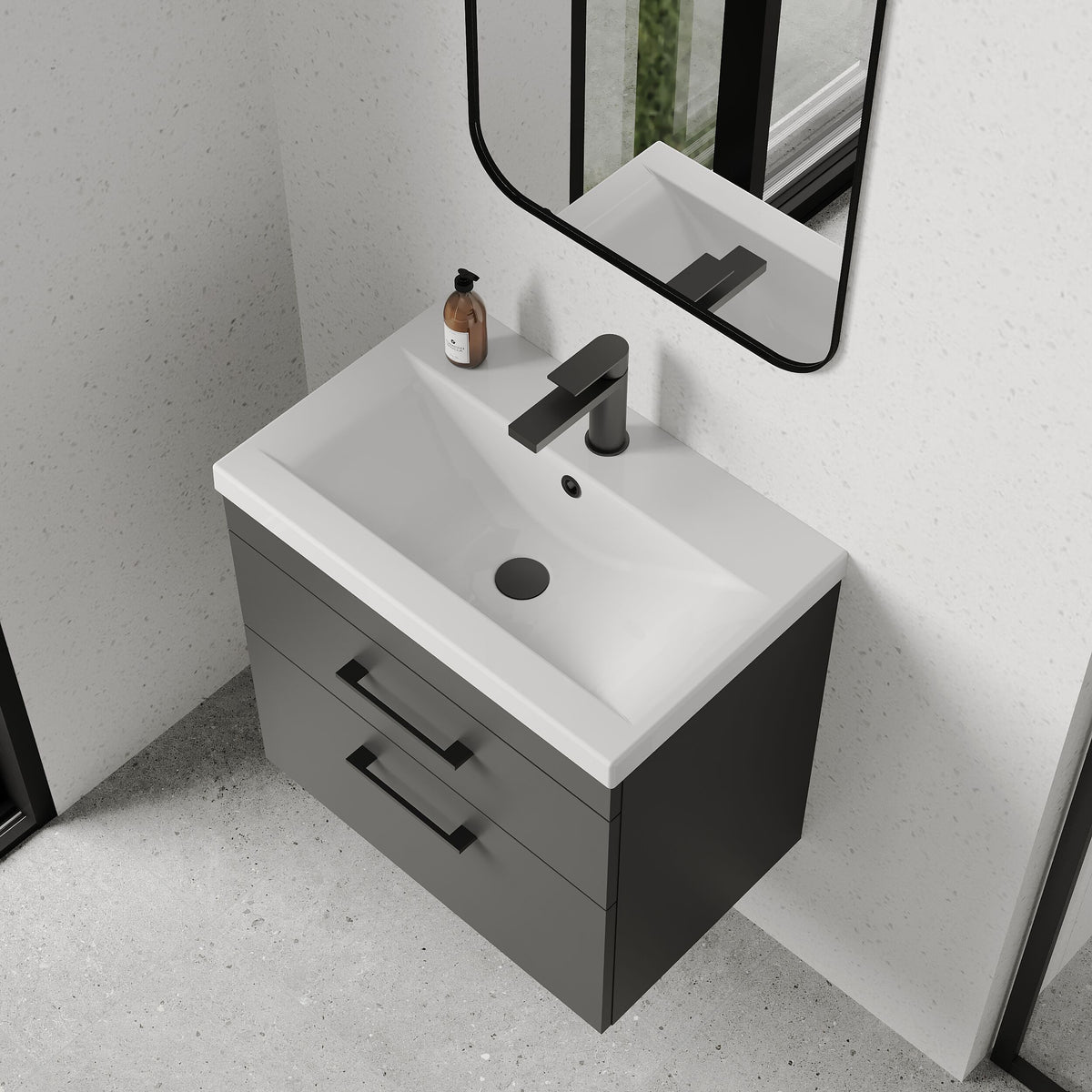 [BFRI078A69] Millwich 2 Drawer Wall Hung Vanity Basin Unit with Black Handle, Choice of Size and Colour - Lifestyle 2