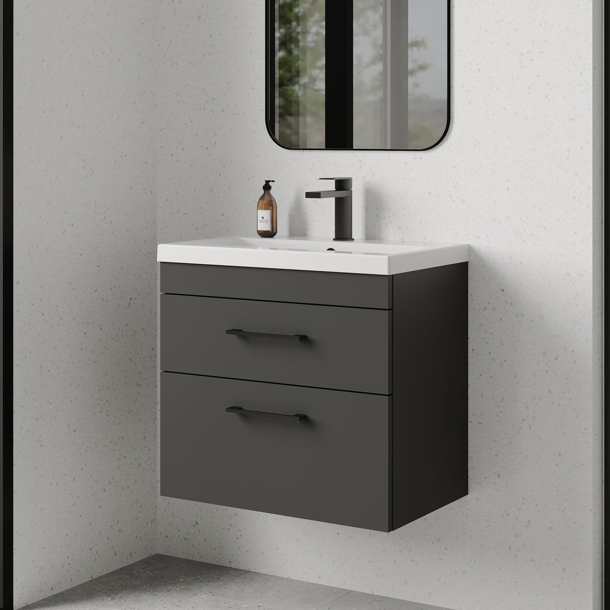 [BFRI078A69] Rio 2 Drawer Wall Hung Vanity Basin Unit - 600mm - Gloss Grey with Square Black D-shaped handles (Tap Not Included) - Balterley - Lifestyle 3