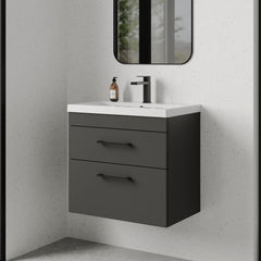 [BFRI078A69] Rio 2 Drawer Wall Hung Vanity Basin Unit - 600mm - Gloss Grey with Square Black D-shaped handles (Tap Not Included) - Balterley - Lifestyle 3