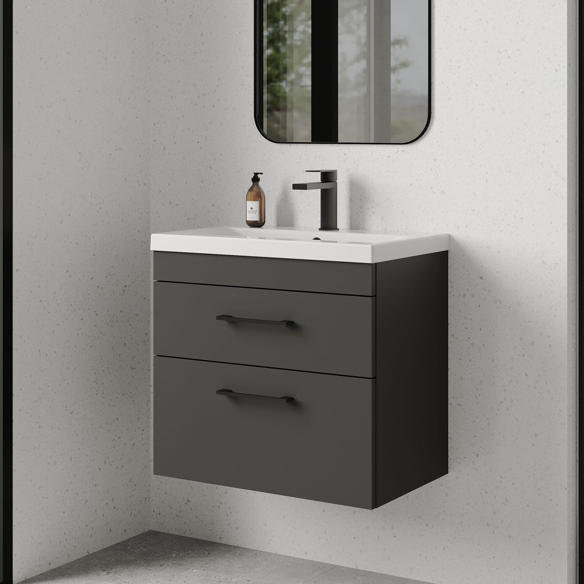 [BFRI078A69] Millwich 2 Drawer Wall Hung Vanity Basin Unit with Black Handle, Choice of Size and Colour - Lifestyle 3