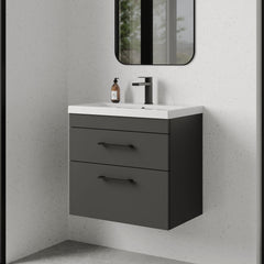 [BFRI078A69] Millwich 2 Drawer Wall Hung Vanity Basin Unit with Black Handle, Choice of Size and Colour - Lifestyle 3