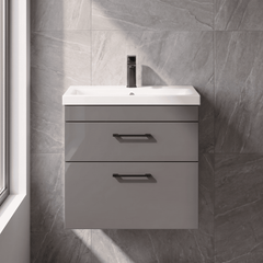 [BFRI078A69] Rio 2 Drawer Wall Hung Vanity Basin Unit - 600mm - Gloss Grey with Square Black D-shaped handles (Tap Not Included) - Balterley - Silo