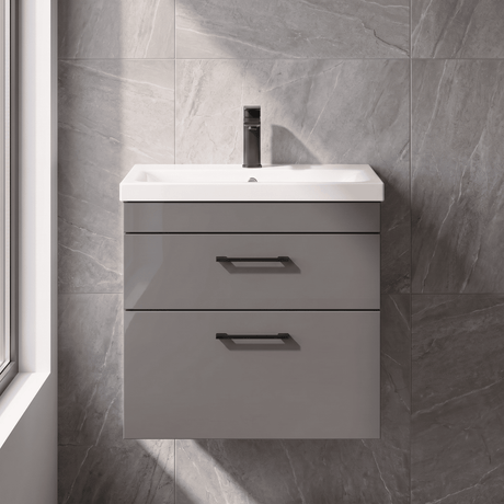 [BFRI078A69] Rio 2 Drawer Wall Hung Vanity Basin Unit - 600mm - Gloss Grey with Square Black D-shaped handles (Tap Not Included) - Balterley - Silo