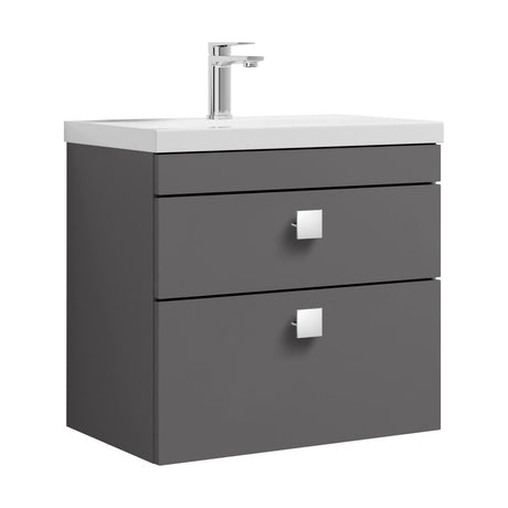 [BFRI078A7] Rio 2 Drawer Wall Hung Vanity Basin Unit - 600mm - Gloss Grey with Chrome Square Handles (Tap Not Included) - Cutout
