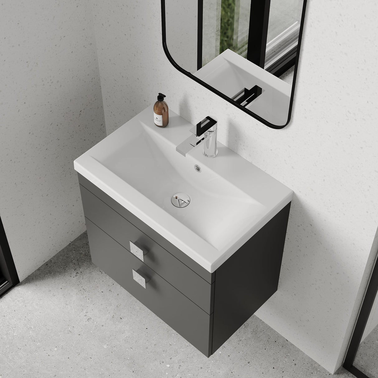 [BFRI078A7] Rio 2 Drawer Wall Hung Vanity Basin Unit - 600mm - Gloss Grey with Chrome Square Handles (Tap Not Included) - Lifestyle 2