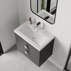 [BFRI078A7] Rio 2 Drawer Wall Hung Vanity Basin Unit - 600mm - Gloss Grey with Chrome Square Handles (Tap Not Included) - Lifestyle 2