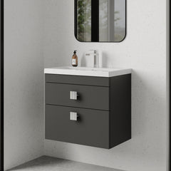 [BFRI078A7] Rio 2 Drawer Wall Hung Vanity Basin Unit - 600mm - Gloss Grey with Chrome Square Handles (Tap Not Included) - Lifestyle 3