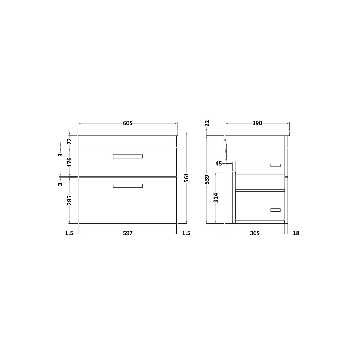 [BFRI078LBG] Millwich Contemporary 2 Drawer Wall Hung Vanity Unit with Bellato Grey Laminate Worktop - Choice of Size and Colour - Technical Drawing