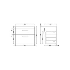 [BFRI078LBG] Millwich Contemporary 2 Drawer Wall Hung Vanity Unit with Bellato Grey Laminate Worktop - Choice of Size and Colour - Technical Drawing