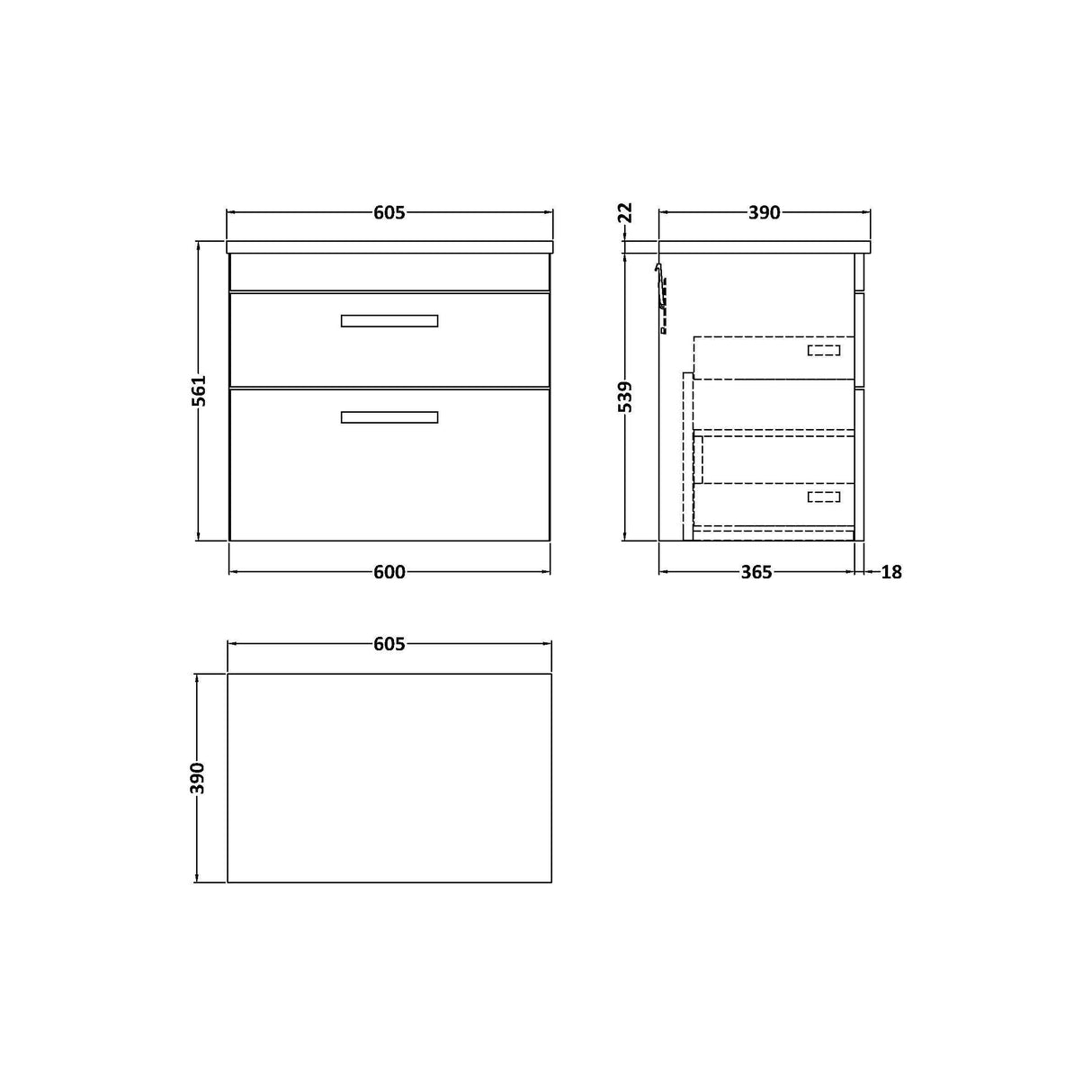 [BFRI078LCM] Millwich Contemporary 2 Drawer Wall Hung Vanity Unit with Carrera Marble Laminate Worktop - Choice of Size and Colour - Technical Drawing
