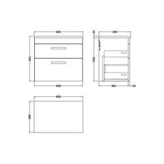[BFRI078LCM] Millwich Contemporary 2 Drawer Wall Hung Vanity Unit with Carrera Marble Laminate Worktop - Choice of Size and Colour - Technical Drawing