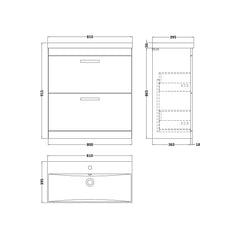 [BFRI079D] Millwich Contemporary 2 Drawer Floor Standing Vanity Unit with Thin Edge Basin - Choice of Size and Colour - Technical Drawing