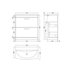 [BFRI079G] Millwich Contemporary 2 Drawer Floor Standing Vanity Unit with Curved Basin - Choice of Size and Colour - Technical Drawing